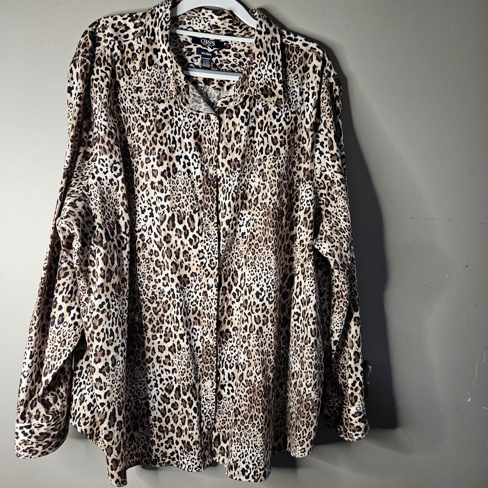 Chaps Women Beige Leopard Animal Print No Iron Cotton Woven Button-Up 2X Plus
